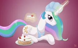 Size: 3000x1854 | Tagged: alternate cutie mark, apron, artist:polkin, cake, cakelestia, chef's hat, clothes, dead source, derpibooru import, food, glowing horn, hat, horn, levitation, magic, princess celestia, prone, safe, solo, telekinesis