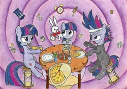 Size: 2000x1398 | Tagged: safe, artist:agamnentzar, derpibooru import, angel bunny, derpy hooves, twilight sparkle, pony, unicorn, :3, alarm clock, alice in wonderland, clock, crossover, doctor who, eating, food, frown, future twilight, glasses, hoof hold, hourglass, lidded eyes, muffin, multeity, open mouth, pizza, plate, pointing, raised eyebrow, sitting, smiling, stopwatch, table, tardis, traditional art, unamused
