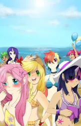 Size: 700x1081 | Tagged: applejack, artist:symphkat, beach, belly button, bikini, clothes, derpibooru import, fluttershy, horn, horned humanization, human, humanized, mane seven, mane six, pinkie pie, rainbow dash, rarity, safe, spike, swimsuit, twilight sparkle, winged humanization, wings