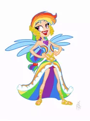 Size: 671x900 | Tagged: artist:carnifex, clothes, derpibooru import, dress, gala dress, human, humanized, rainbow dash, safe, sandals, skinny, winged humanization, wings