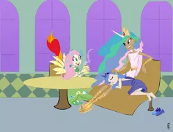 Size: 2422x1839 | Tagged: artist:carnifex, clothes, derpibooru import, dress, fluttershy, gala dress, head on lap, horn, horned humanization, human, humanized, philomena, princess celestia, princess luna, safe, sandals, skinny, sleeping, winged humanization, wings