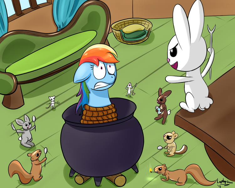 Size: 1024x819 | Tagged: angel bunny, angel is a bunny bastard, animal, artist:laptopgun, cauldron, cooking pot, derpibooru import, hungry, magical mystery cure, mouse, pony as food, rabbit, rainbow dash, rope, safe, scene interpretation, squirrel, swapped cutie marks, tied up