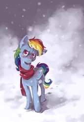 Size: 2722x3968 | Tagged: artist:graypaint, clothes, derpibooru import, rainbow dash, safe, scarf, snow, snowfall, solo