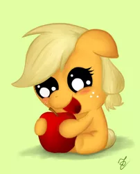 Size: 500x619 | Tagged: apple, applejack, artist:eugene-joe-c, baby, babyjack, cute, daaaaaaaaaaaw, derpibooru import, foal, food, hnnng, safe, younger