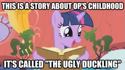 Size: 625x351 | Tagged: book, caption, derpibooru import, edit, edited screencap, image macro, look before you sleep, op, safe, screencap, slumber 101, smiling, solo, text, topiary, twilight sparkle