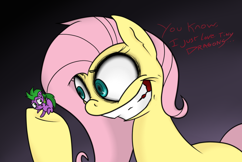 Size: 798x535 | Tagged: safe, artist:spikeandfriends, derpibooru import, fluttershy, spike, dragon, pegasus, pony, bedroom eyes, creepy, crying, female, flutterspike, imminent vore, love, magic, male, messy mane, micro, rapeface, shipping, small, stalker, straight, tiny twilight, worried
