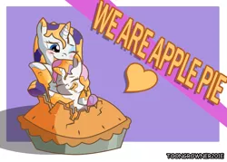 Size: 1581x1129 | Tagged: safe, artist:toongrowner, derpibooru import, rarity, sweetie belle, pony, unicorn, apple, apple pie, female, filly, food, hug, mare, messy, pie, ponies in food, pun