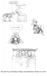 Size: 806x1280 | Tagged: artist:baron engel, bed, clothes, cold, derpibooru import, grayscale, monochrome, oc, oc:carousel, oc:petina, oc:sky brush, pencil drawing, safe, sweater, traditional art, unofficial characters only