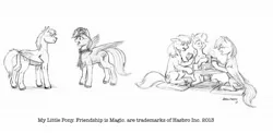 Size: 1280x625 | Tagged: artist:baron engel, derpibooru import, grayscale, monochrome, oc, oc:carousel, oc:petina, oc:sky brush, pencil drawing, rainbow dash, safe, traditional art