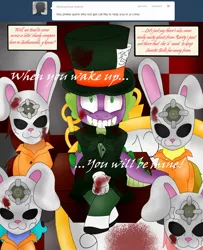 Size: 1622x2000 | Tagged: alice in wonderland, arkham city, artist:blackbewhite2k7, ask, batman, blood, crossover, derpibooru import, henchmen, jervis tetch, mad hatter, parody, semi-grimdark, spike, suggestive, tumblr