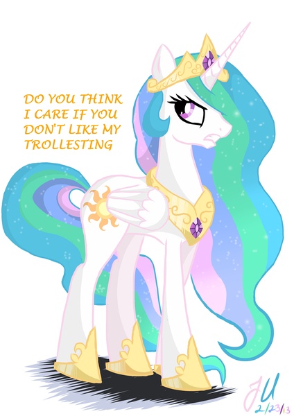 Size: 4961x7016 | Tagged: absurd resolution, annoyed, artist:teammagix, caption, derpibooru import, dialogue, princess celestia, safe, simple background, solo, trollestia, tsundelestia, tsundere, white background