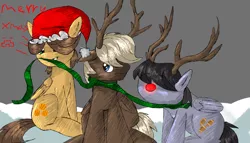 Size: 1753x1000 | Tagged: antlers, artist:wellhader, billy, christmas, deer, deer pony, derpibooru import, dumbbell, frown, gritted teeth, hair over eyes, hair over one eye, hat, hidden eyes, holiday, hoops, original species, quarterback, red nose, reindeer antlers, safe, santa hat, score, smiling, wide eyes