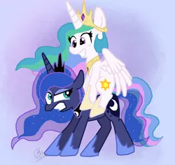 Size: 1316x1240 | Tagged: safe, artist:daisy-dictator, derpibooru import, princess celestia, princess luna, pony, ponies riding ponies, riding