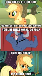 Size: 625x1132 | Tagged: suggestive, derpibooru import, edit, edited screencap, screencap, applejack, iron will, earth pony, minotaur, pony, applejack's hat, caption, comic, cowboy hat, dialogue, female, flexing, freckles, hat, image macro, madworld, mare, meme, microphone, necktie, nose piercing, nose ring, piercing, rope, screencap comic, text