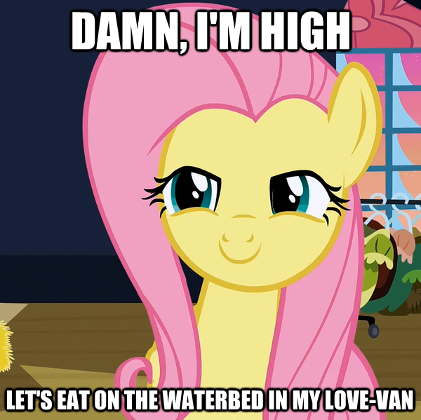 Size: 600x599 | Tagged: caption, derpibooru import, flutterhigh, fluttershy, high, hippie, hippieshy, image macro, safe, smiling, text