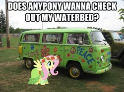 Size: 625x468 | Tagged: safe, derpibooru import, fluttershy, pony, caption, car, flutterhigh, high, hippie, hippie van, hippieshy, image macro, irl, microbus, photo, ponies in real life, text, van, volkswagen, volkswagen transporter, volkswagen type 2