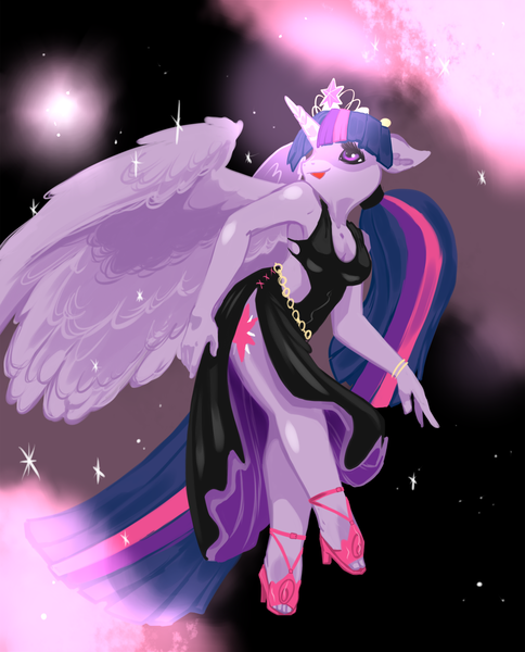 Size: 1000x1240 | Tagged: alicorn, anthro, artist:weisdrachen, big crown thingy, clothes, derpibooru import, dress, element of magic, jewelry, regalia, safe, solo, tiara, twilight sparkle, twilight sparkle (alicorn)