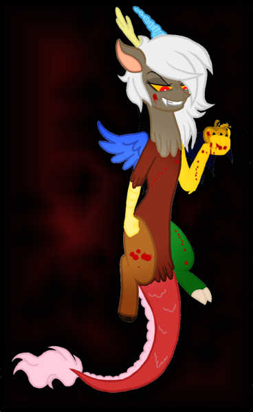 Size: 1211x1976 | Tagged: apple of discord, artist:jaquelindreamz, blood, derpibooru import, discord, eris, golden apple, grimdark, rule 63