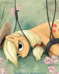 Size: 900x1125 | Tagged: safe, artist:johnjoseco, derpibooru import, applejack, earth pony, pony, ask gaming princess luna, bondage, female, flower, frown, glare, hanging (by neck), hogtied, imminent death, looking at you, lynching, mare, noose, rope, side, solo, stare, unamused, unsexy bondage