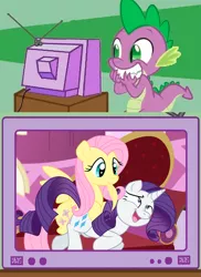 Size: 520x716 | Tagged: safe, artist:perfectpinkwater, derpibooru import, fluttershy, rarity, spike, winter wrap up, cute, exploitable meme, feather, female, flarity, grin, laughing, lesbian, meme, mouth hold, obligatory pony, open mouth, shipping, side, smiling, squee, tickling, tv meme