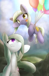 Size: 1250x1920 | Tagged: safe, artist:dshou, derpibooru import, limestone pie, marble pie, earth pony, pony, alternate cutie mark, balloon, duo, duo female, ear fluff, female, flying, looking up, mare, open mouth, pie sisters, siblings, sisters