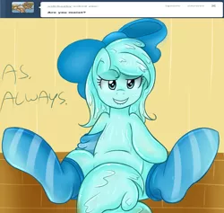 Size: 1130x1070 | Tagged: artist:freefraq, bedroom eyes, clothes, covering, derpibooru import, female, goo, goo pony, lip bite, oc, oc:shiny slime, original species, slime, socks, solo, solo female, striped socks, suggestive, tail covering, tumblr, unofficial characters only
