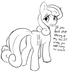 Size: 1000x1000 | Tagged: artist:mewball, bon bon, bon bon is not amused, butt, derpibooru import, dialogue, female, grayscale, looking back, monochrome, open mouth, plot, safe, simple background, solo, sour candy (fic), sweetie drops, unamused