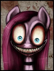 Size: 1020x1329 | Tagged: artist:vongrell, collar, derpibooru import, grimdark, grin, nightmare fuel, pinkamena diane pie, pinkie pie, smiling