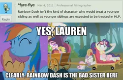 Size: 500x326 | Tagged: safe, derpibooru import, rainbow dash, rarity, scootaloo, sweetie belle, pegasus, pony, unicorn, sleepless in ponyville, abuse, female, filly, impact font, lauren faust, mare, meta, siblings, sisters, sweetiebuse, text, what could have been, word of faust