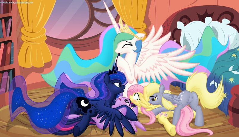 Size: 1180x677 | Tagged: questionable, artist:illuminatiums, derpibooru import, derpy hooves, fluttershy, princess celestia, princess luna, twilight sparkle, twilight sparkle (alicorn), alicorn, pony, blushing, featureless crotch, female, horn, hornjob, lesbian, licking, mare, polyamory, scrunchy face, shipping, tongue out, twilestia, twiluna, twilunestia