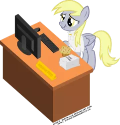 Size: 1024x1061 | Tagged: safe, artist:elppa, derpibooru import, derpy hooves, pegasus, pony, computer, desk, female, food, mare, muffin, scrunchy face, simple background, transparent background