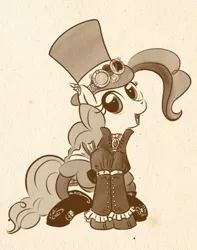 Size: 457x581 | Tagged: safe, artist:bunnimation, derpibooru import, pinkie pie, earth pony, pony, brown background, clothes, dress, female, goggles, hat, mare, monochrome, photoshop, simple background, sitting, solo, steampunk, top hat