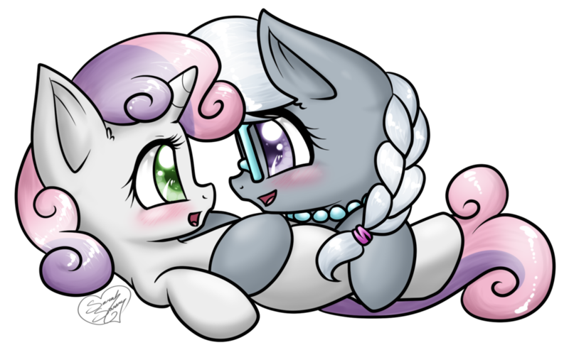 Size: 1024x631 | Tagged: artist:diigii-doll, blushing, derpibooru import, female, glasses, lesbian, safe, shipping, silverbelle, silver spoon, sweetie belle