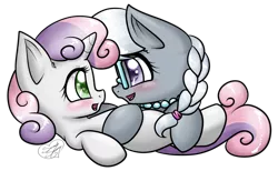 Size: 1024x631 | Tagged: artist:diigii-doll, blushing, derpibooru import, female, glasses, lesbian, safe, shipping, silverbelle, silver spoon, sweetie belle