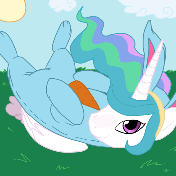 Size: 945x945 | Tagged: animal costume, artist:leth, artist:megasweet, artist:rustydooks, bunny costume, carrot, clothes, costume, cute, cutelestia, derpibooru import, food, on back, princess celestia, safe, solo