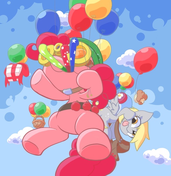 Size: 960x988 | Tagged: safe, artist:nyankamedon, derpibooru import, derpy hooves, pinkie pie, pegasus, pony, bag, balloon, basket, female, floating, flying, goggles, mare, pixiv, present, then watch her balloons lift her up to the sky