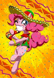 Size: 2313x3347 | Tagged: safe, artist:mykegreywolf, derpibooru import, pinkie pie, earth pony, pony, confetti, cute, diapinkes, female, high res, hoof hold, looking at you, maracas, mare, mexican, musical instrument, one eye closed, smiling, solo, sombrero, wink