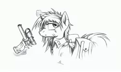 Size: 3000x1800 | Tagged: safe, artist:whitepone, derpibooru import, oc, oc:littlepip, unofficial characters only, pony, unicorn, fallout equestria, fanfic, black and white, clothes, fanfic art, female, glowing horn, grayscale, gun, handgun, horn, little macintosh, magic, mare, monochrome, pencil drawing, revolver, simple background, solo, telekinesis, traditional art, vault suit, weapon, white background