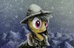 Size: 800x524 | Tagged: artist:hewison, clothes, daring do, derpibooru import, safe, snow, snowfall, solo