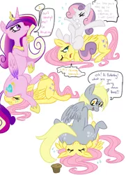 Size: 652x900 | Tagged: safe, artist:elslowmo, artist:purplekecleon, derpibooru import, derpy hooves, fluttershy, princess cadance, sweetie belle, pegasus, pony, blushing, faceful of ass, facesitting, female, flutterseat, mare