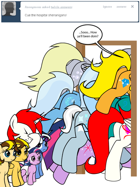 Size: 600x800 | Tagged: safe, artist:dekomaru, derpibooru import, derpy hooves, trixie, twilight sparkle, oc, oc:astra, oc:aurora, oc:hazel lulamoon, oc:highwind shine, oc:honey cluster, oc:honey shine, oc:iniduoh, oc:jubilee shine, oc:mars, oc:nebula, oc:venus, pegasus, pony, tumblr:ask twixie, ask, butt, facehoof, female, magical lesbian spawn, mare, offspring, parent:trixie, parent:twilight sparkle, parents:twixie, pile, plot, plot pile, tumblr