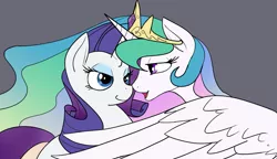Size: 1105x636 | Tagged: artist:reiduran, bedroom eyes, boop, derpibooru import, eye contact, female, lesbian, looking at each other, noseboop, open mouth, princess celestia, rarilestia, rarity, safe, shipping, smiling, spread wings, wings