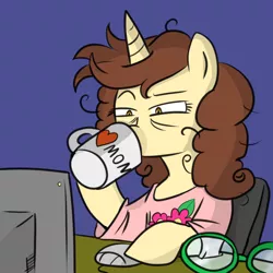 Size: 1000x1000 | Tagged: artist:madmax, bed hair, coffee, computer, derpibooru import, dexterous hooves, glasses, mug, oc, oc:madmax, palindrome get, safe, unofficial characters only