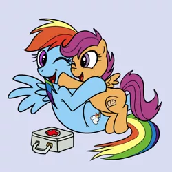 Size: 1000x1000 | Tagged: safe, artist:madmax, derpibooru import, rainbow dash, scootaloo, pegasus, pony, bandaid, cute, cutealoo, dashabetes, first aid, first aid kit, hug, one eye closed, scootalove