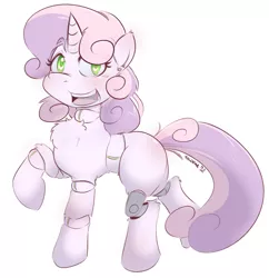 Size: 1200x1240 | Tagged: safe, artist:balooga, derpibooru import, sweetie belle, pony, robot, robot pony, unicorn, blank flank, chest fluff, female, filly, fluffy, foal, hooves, horn, open mouth, simple background, solo, sweetie bot, teeth, white background