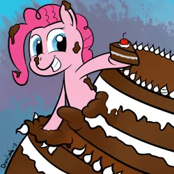 Size: 1000x1000 | Tagged: artist:dreamsnake, cake, cherry, derpibooru import, food, pinkie pie, pop out cake, safe, solo