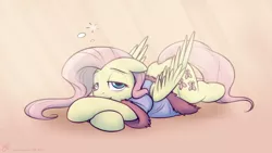 Size: 1280x720 | Tagged: artist:cobaltsnow, bathrobe, clothes, derpibooru import, fluttershy, robe, safe, sleepy, solo, wallpaper