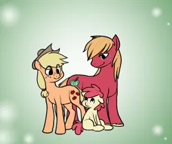 Size: 750x626 | Tagged: safe, artist:pandarainbow, derpibooru import, apple bloom, applejack, big macintosh, earth pony, pony, apple siblings, apple sisters, brother and sister, male, missing accessory, siblings, sisters, stallion