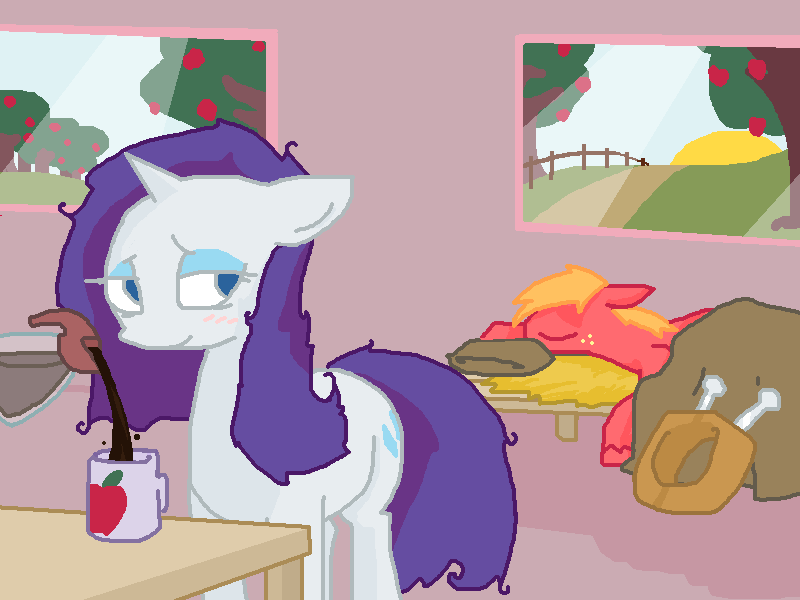 Size: 800x600 | Tagged: safe, artist:the weaver, derpibooru import, big macintosh, rarity, earth pony, pony, unicorn, bed, blushing, coffee, female, implied sex, male, mare, morning after, morning ponies, rarimac, shipping, sleeping, stallion, straight, sunrise, sweet apple acres, tree