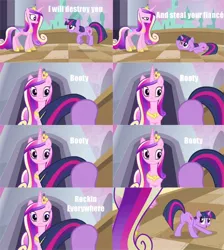 Size: 512x572 | Tagged: a canterlot wedding, ass up, booty booty booty booty rockin' everywhere, bubba sparxxx, butt, butt shake, derpibooru import, edit, edited screencap, face down ass up, fake cadance, friendship is witchcraft, looking back, ms. new booty, open mouth, plot, prancing, princess cadance, prone, queen chrysalis, safe, screencap, smiling, song reference, sunshine sunshine, twilight sparkle, wide eyes